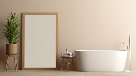 bathroom design picture frame mock up leaning against a neutral coloured wall, showcasing modern aesthetics. the frame is surrounded by lush green plants, adding a touch of nature to the space. the even lighting highlights the details of the frame and creates a serene ambiance. ai generatedの素材