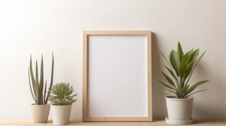 eco-friendly design picture frame mock up leaning against a neutral coloured wall next to some plants with even lighting. ai generatedの素材