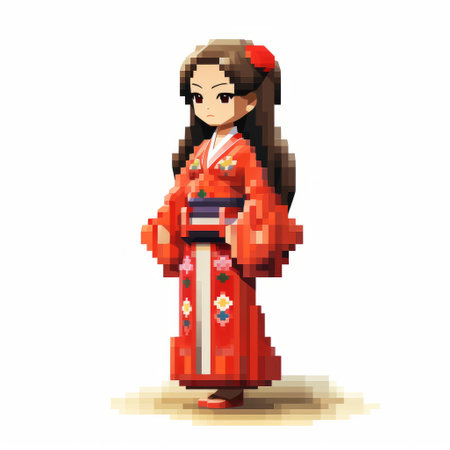 ava, a 3d 8-bit pixel cartoon character, is depicted wearing a kimono in a full-body pose against a white background. this vibrant and playful image showcases ava's unique style and brings a nostalgic touch with its pixelated design. perfect for fans of retro-inspired artwork and colorful characters. ai generatedの素材
