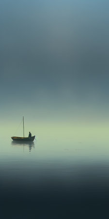 a small bass boat is seen in a fantasy minimalist setting, surrounded by a vast wetland covered in thick fog. in the distance, a mysterious figure emerges, blowing a foghorn. the photograph captures the deep depth of field and offers a close-up view of this intriguing scene. ai generatedの素材