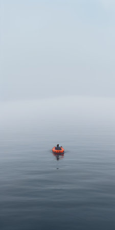 a small inflatable boat is seen in a vast sea of fog, creating an uncanny minimalist atmosphere. in the distance, a mysterious figure emerges, blowing a foghorn. the deep depth of field and close-up perspective enhance the intrigue of this captivating scene. ai generatedの素材