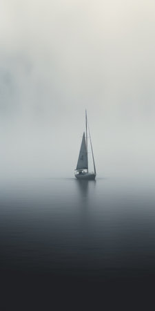 small yacht lost in fog with mysterious figure blowing foghorn. hallucination simplicity in design, deep depth of field, close-up shot captures the enigmatic atmosphere. ai generatedの素材
