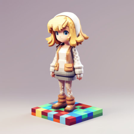 emma, a 3d 8-bit pixel cartoon character, is depicted wearing a sweater in this full-body image. the vibrant colors and retro style of the pixels add a unique charm to the illustration. the white background enhances the focus on emma and her stylish outfit. ai generatedの素材