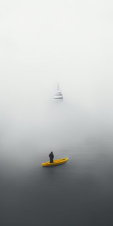 a small inflatable boat is seen in the midst of a vast sea of fog, creating an uncanny and minimalist atmosphere. in the distance, a mysterious figure emerges, blowing a foghorn. the photograph captures the deep depth of field and offers a close-up view of this intriguing scene. ai generatedの素材