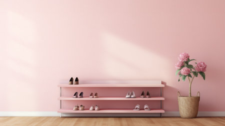 shoe rack, pastel pink wall, soft, feminine, product showcasing. ai generatedの素材