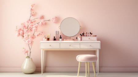 vanity table, pastel pink wall, soft, feminine, product showcasing. ai generatedの素材