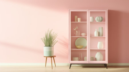 display cabinet, pastel pink wall, soft, feminine, product showcasing. ai generatedの素材