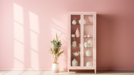 curio cabinet, pastel pink wall, soft, feminine, product showcasing, ai generatedの素材