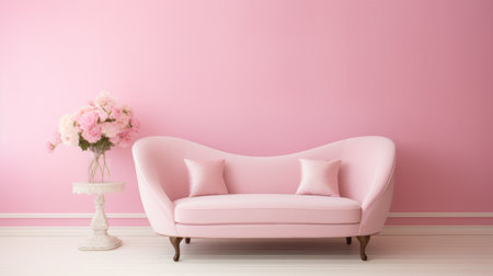 settee, pastel pink wall, soft, feminine, product showcasing. ai generatedの素材