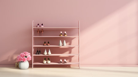 shoe rack, pastel pink wall, soft, feminine, product showcasing. ai generatedの素材