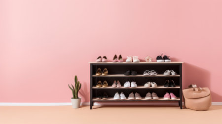 shoe rack, pastel pink wall, soft, feminine, product showcasing. ai generatedの素材