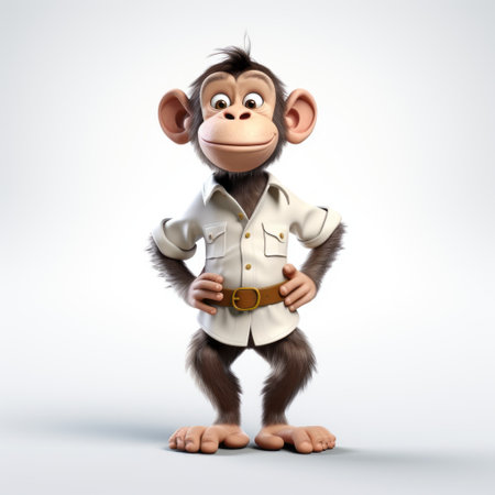 a 3d rendered plastic cartoon of a chimp wearing a blouse, showcasing its full body. the chimp is depicted against a white background. ai generatedの素材