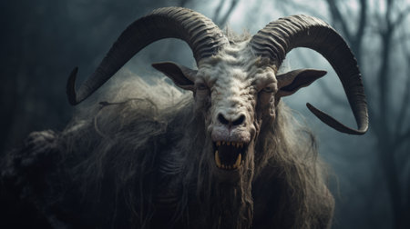 a scary and creepy nightmare creature with goat-like features, including sharp horns and glowing eyes, emerges from the darkness. its eerie presence sends shivers down your spine as you witness its twisted and unsettling form. this unsettling creature is a chilling embodiment of fear and darkness, captivating and haunting all who dare to gaze upon it. ai generatedの素材