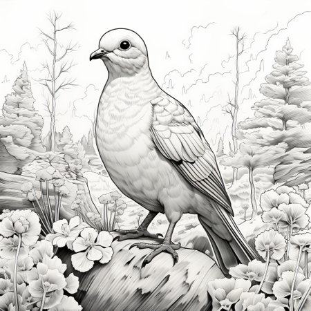 a mourning dove, depicted in line art, is captured in a serene moment as it stands gracefully on a bed of vibrant green moss. this minimalist illustration beautifully showcases the dove's elegance and the natural beauty of its surroundings. ai generatedの素材