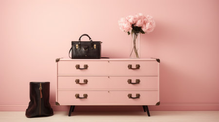 chest, pastel pink wall, soft, feminine, product showcasing. ai generatedの素材