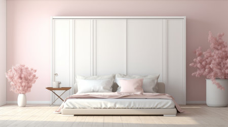 a murphy bed in a soft and feminine setting, placed against a pastel pink wall, creating a simple yet stylish backdrop for showcasing products. ai generatedの素材