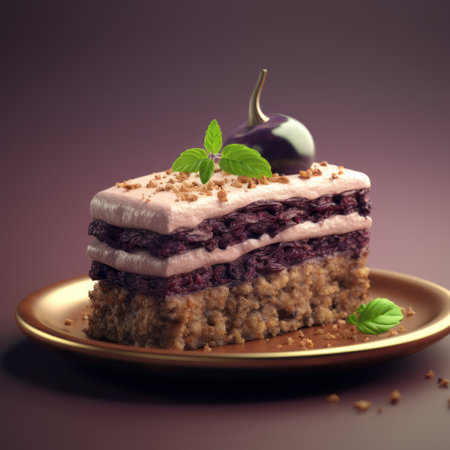 an eggplant cake is showcased in this 3d render against a vibrant eggplant background. the cake is beautifully crafted, with layers of rich purple sponge and a smooth, glossy eggplant-colored frosting. this visually stunning image captures the essence of the eggplant theme, making it a perfect choice for food enthusiasts and designers alike. ai generatedの素材
