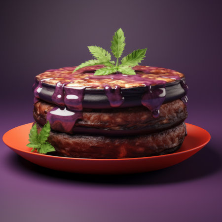 an eggplant cake is showcased against a vibrant eggplant background in this stunning 3d render. the cake's rich purple hue and intricate details are beautifully highlighted against the backdrop, creating a visually captivating image. ai generatedの素材
