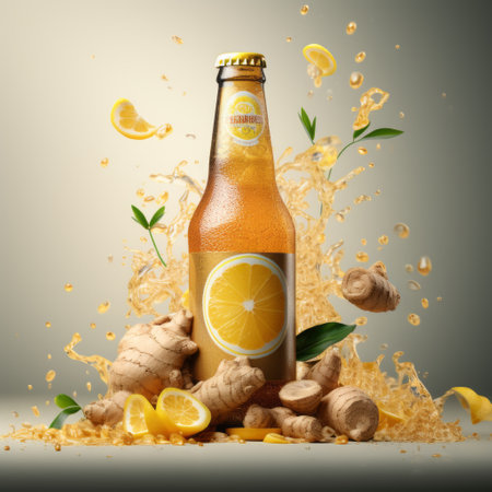 a 3d render of a refreshing ginger beer, showcased against a vibrant single-color light background. ai generatedの素材