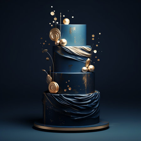 a stunning 3d render featuring a midnight blue cake set against a captivating midnight blue background. this visually striking image showcases the rich and deep hues of the cake and background, creating a mesmerizing visual experience. perfect for those who appreciate the beauty of midnight blue and love unique cake designs. ai generatedの素材