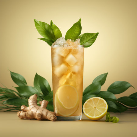 a 3d render of a refreshing ginger beer, showcased against a vibrant single-color light background. ai generatedの素材