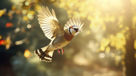 a goldfinch in flight, captured in stunning detail in a forest setting. this real image showcases the bird's agility and speed as it soars through the air. the high-resolution 8k quality allows for a truly immersive viewing experience. ai generatedの素材