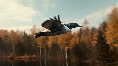 a common loon gracefully soars through the forest at high speed in this stunning real image. witness the beauty of nature as this 8k photograph captures the loon's swift flight amidst the lush surroundings. ai generatedの素材
