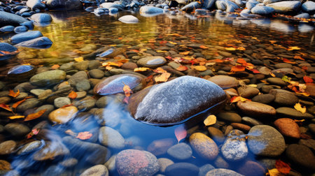 the islet stream captures small river stones in the water during fall time, with a stunning resolution of 32k and an hdr effect. this award-winning photography showcases nature's beauty in a serene and captivating setting. ai generatedの素材