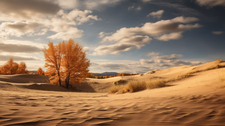 "sand dunes in autumn splendor, captured in photorealistic detail using canon eos-1d x mark iii. experience the dynamic desert landscape, vibrant fall colors, and superior image quality, showcasing the camera's unparalleled performance.", ai generatedの素材