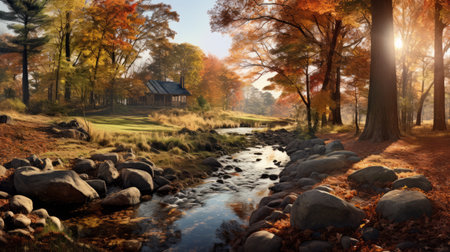 this photo captures the stunning autumn splendor of a knoll, in a hyperrealistic shot taken with a canon eos-1d x mark iii, showcasing vibrant colors and intricate details of the landscape. ai generatedの素材