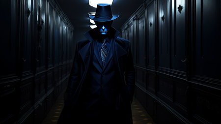 mephisto in a dark blue uniform walks through a shadowy corridor, exuding an air of mystery and intrigue. the contrast between the darkness of the surroundings and the vibrant blue of the uniform creates a visually striking scene, embodying an aura of power and sophistication. ai generatedの素材