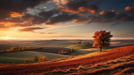 autumn splendor is captured in this hotorealistic shot of agricultural land, taken with a canon eos-1d x mark iii. the vibrant colors of the season add a breathtaking touch to the rural landscape, showcasing the beauty of nature in stunning detail. ai generatedの素材
