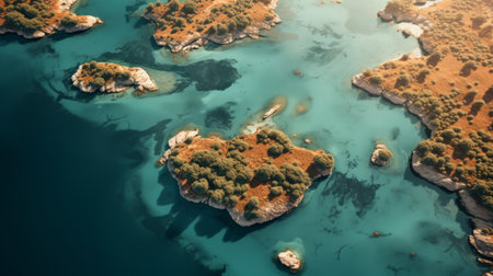 an archipelago from above captures the tranquil beauty of island clusters with a minimalist duotone color palette, offering a unique perspective for aerial photography, travel destinations, and serene natural landscapes. ai generatedの素材