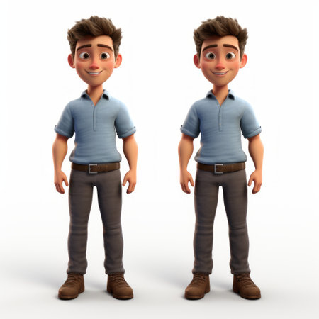 a pixar-style 3d male character is depicted in this photo, showcasing a full body shot. the character is placed against a white isolated background, emphasizing its details and features. this 3d model captures the essence of pixar's animation style, making it visually appealing and engaging. ai generatedの素材