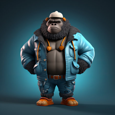 a 3d cartoon gorilla is depicted in urban attire, exuding charm and style. the design features intricate details and vibrant colors, making it a visually appealing and trendy character. ideal for animation projects, this super cute gorilla adds a playful touch to any creative endeavor. ai generatedの素材