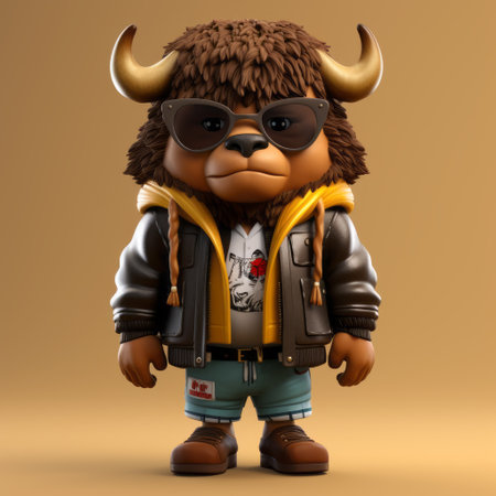 the 3d cartoon bison, styled in urban clothes, exudes an irresistibly adorable charm. this unique design merges the majestic essence of a bison with a trendy urban flair, resulting in a captivating and endearing character. ideal for those seeking a playful and stylish twist on traditional bison imagery. ai generatedの素材
