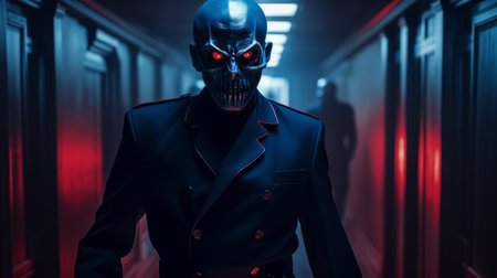 red skull in a dark blue uniform strides through a dimly lit corridor. the haunting atmosphere is intensified by the contrast between the vibrant red of the skull and the deep blue of the uniform. the sinister character exudes an aura of malevolence as he moves through the shadows. ai generatedの素材