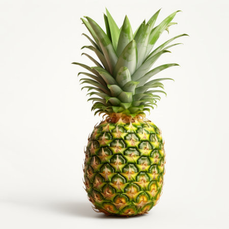 a photo-realistic pineapple image captured in high-resolution, featuring a white isolated background. the vivid tropical fruit showcases intricate details, perfect for use in culinary websites, healthy food blogs, or tropical-themed design projects. includes related keywords: high-resolution, photo-realistic, tropical fruit, culinary, and healthy food. ai generatedの素材