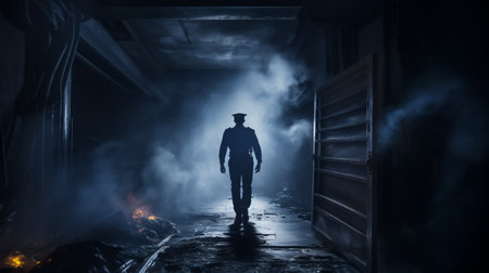 apocalypse in a dark blue uniform marches resolutely through a dimly lit corridor. the dark and eerie atmosphere adds to the ominous presence of apocalypse as he moves with determination. the image captures a sense of impending doom and mystery as the powerful figure navigates the shadows. ai generatedの素材