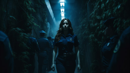 poison ivy in a dark blue uniform walks through a dimly lit corridor filled with shadows. the mysterious figure exudes an aura of danger and intrigue as she moves stealthily towards an unknown destination. the eerie atmosphere is heightened by the dramatic lighting, enhancing the sense of suspense and anticipation. ai generatedの素材