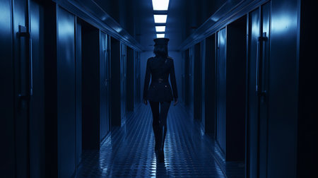 "mystique, clad in a dark blue uniform, strides confidently along a shadowy corridor. the image perfectly represents her mysterious nature. keywords: superhero, marvel comics, mutant, shape-shifter, dark, ai generatedの素材