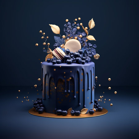 a stunning 3d render of a midnight blue cake against a captivating midnight blue background. this visually striking image showcases the rich and deep hues of the cake, creating a mesmerizing visual experience. perfect for those who appreciate the beauty of midnight blue and crave a unique and eye-catching dessert. ai generatedの素材