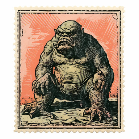 an isolated vintage print of a stamp ogre, depicted in color and line engraving, is showcased on a white background. this old print captures the intricate details of the ogre, making it a unique and captivating piece of art. ai generatedの素材