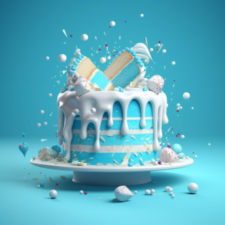 an azure cake sits on an azure background in this stunning 3d render. the vibrant blue color of the cake and background create a visually captivating scene. perfect for any celebration or event, this cake is sure to impress with its vibrant hue and realistic design. ai generatedの素材