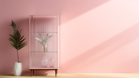 display cabinet, pastel pink wall, soft, feminine, product showcasing, ai generatedの素材