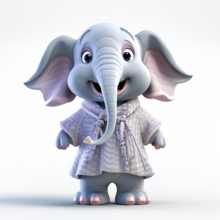 a 3d rendered plastic cartoon of an elephant wearing a nightgown is depicted in this image. the elephant is shown in full body, against a white background. ai generatedの素材