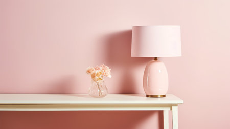 lamp table, pastel pink wall, soft setting, feminine, product showcasing. ai generatedの素材