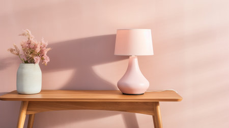 lamp table, pastel pink wall, soft setting, feminine, product showcasing. ai generatedの素材