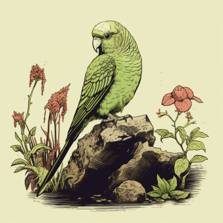 a budgerigar, also known as a budgie or parakeet, is depicted in this line art. the bird is shown standing on a bed of vibrant green moss. the intricate details of the drawing capture the delicate features of the budgerigar, creating a visually appealing image. ai generatedの素材