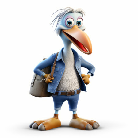 a 3d rendered plastic cartoon of a pelican wearing jeans, showcasing its full body on a white background. ai generatedの素材